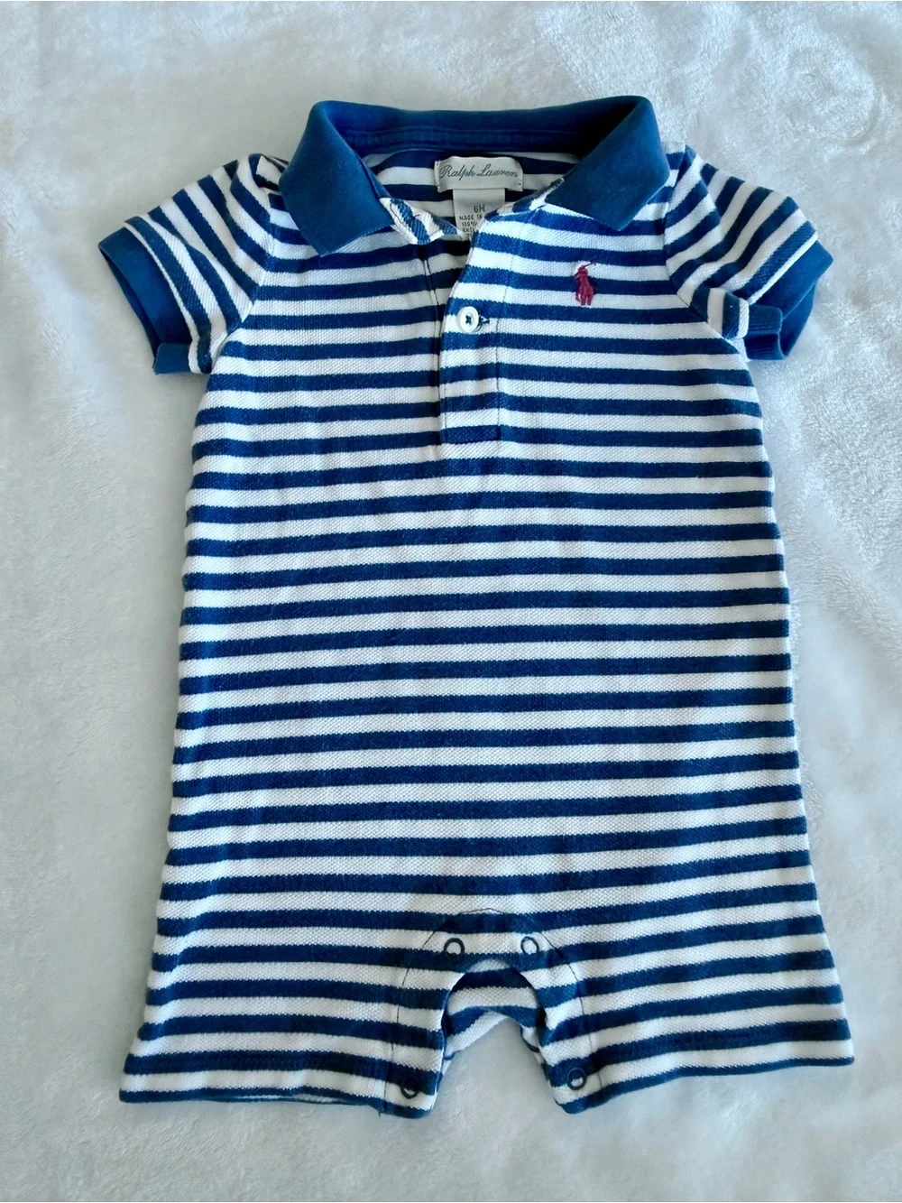 Ralph Lauren Blue & White Striped Baby Polo Romper (size 6M)